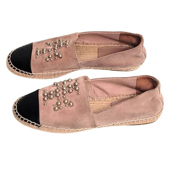 TORY BURCH Pearl Logo Flat Espadrille Suede-MEADOWSWEET size 6.5M - Picture 3 of 8